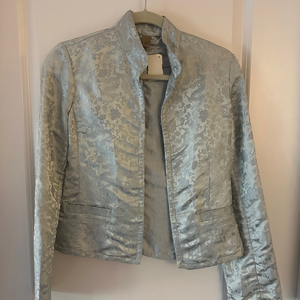 Vintage Elegant Light Blue Brocade Jacket